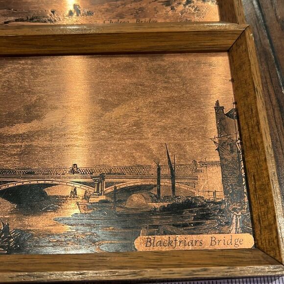 VTG copper etched art work Chelsea Bridge and Blackfriars Bridge in wood frame - Picture 6 of 6